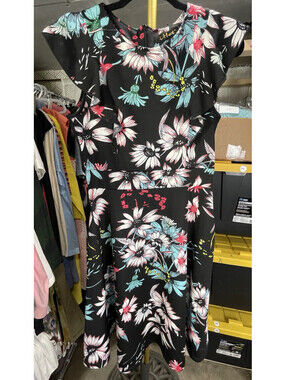 iHot Women's Black Floral Cap Sleeve Swing Dress Size M A-Line Knee Length